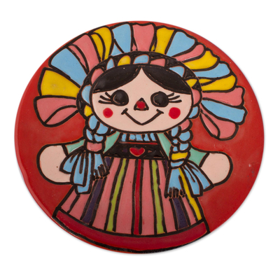 Ceramic wall art, 'Lovely Maria Doll' - Maria Doll-Themed Ceramic Wall Art Crafted in Mexico