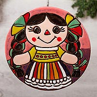 Ceramic wall art, 'Happy Maria Doll' - Maria Doll-Themed Ceramic Wall Art from Mexico