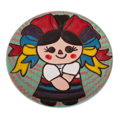 Ceramic wall art, 'Enchanting Maria Doll' - Colorful Maria Doll-Themed Ceramic Wall Plaque from Mexico