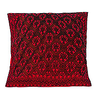 Strawberry and Black Cotton Cushion Cover from Mexico,'Heart and Soul'