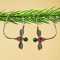 Garnet and agate hoop earrings, 'Magic Dragonfly' - Garnet and Agate Dragonfly Hoop Earrings