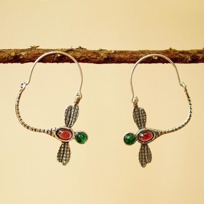 Garnet and agate hoop earrings, 'Magic Dragonfly' - Garnet and Agate Dragonfly Hoop Earrings