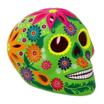 Ceramic lantern, 'Bright Skull' - Hand-Painted Floral Ceramic Skull Lantern from Mexico