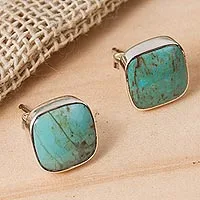 Reconstituted turquoise stud earrings, 'Square Bucklers' - Square Reconstituted Turquoise Stud Earrings from Mexico