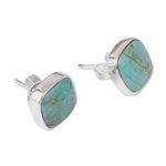 Reconstituted turquoise stud earrings, 'Square Bucklers' - Square Reconstituted Turquoise Stud Earrings from Mexico