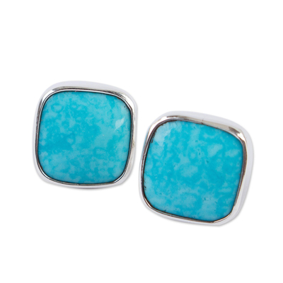 Reconstituted turquoise stud earrings, 'Square Bucklers' - Square Reconstituted Turquoise Stud Earrings from Mexico