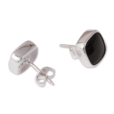 Obsidian stud earrings, 'Square Bucklers' - Square Obsidian Stud Earrings from Mexico