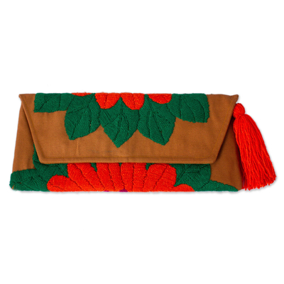 Embroidered Scarlet Flower on Tan Cotton Blend Clutch