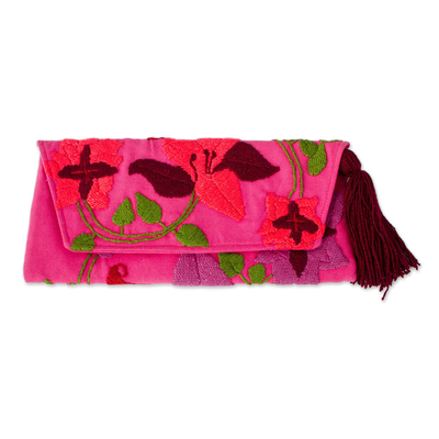 Fuchsia Floral Embroidered Floral Motif Cotton Blend Clutch