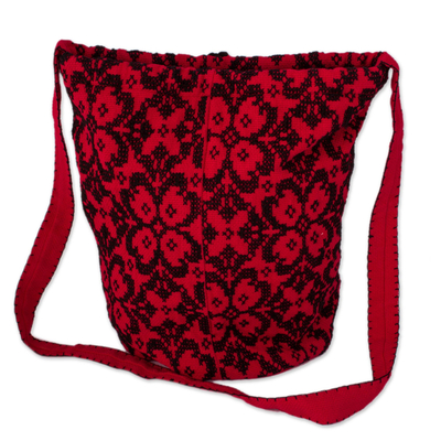 Cotton blend bucket bag, 'Firelit Garden' - Red and Black Cross-Stitch Floral Cotton Blend Shoulder Bag