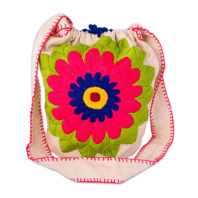 Cotton blend bucket bag, 'Grand Gerbera' - Red and Blue Embroidered Daisy Cotton Blend Shoulder Bag