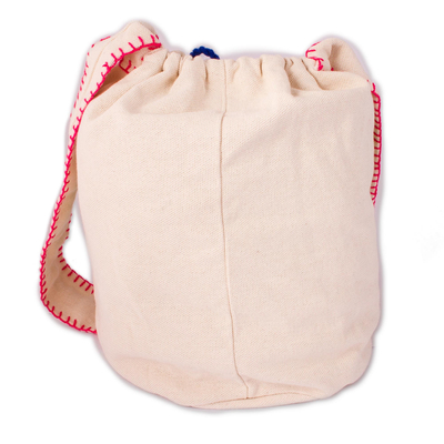 Cotton blend bucket bag, 'Grand Gerbera' - Red and Blue Embroidered Daisy Cotton Blend Shoulder Bag