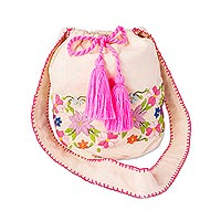 Cotton bucket bag, 'Jalisco Flower' - Cross-stitch Floral Design Cotton Bucket Bag from Mexico