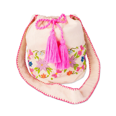 Cross-stitch Floral Design Cotton Bucket Bag from Mexico