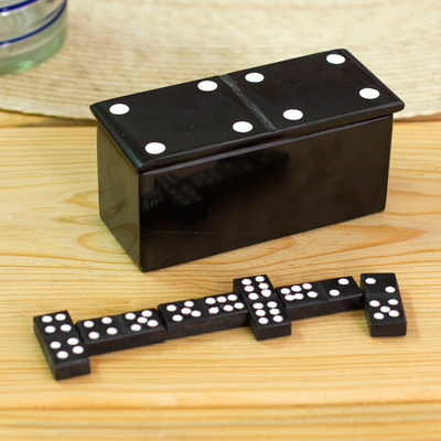 Marble domino set, 'Strategic Chance' - Black Marble Domino Set from Mexico
