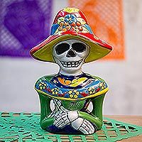 Escultura de cerámica, 'Mujer Camelia' - Escultura de Catrina de cerámica pintada a mano de México