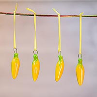 Ceramic ornaments, 'Serrano Peppers in Yellow' (set of 4) - Yellow Ceramic Serrano Pepper Ornaments (Set of 4)