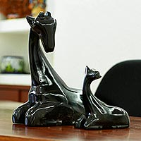 Marble sculptures, 'Giraffe Mother in Black' (pair) - Marble Mother and Child Giraffe Sculptures (Pair)