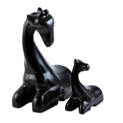 Marble sculptures, 'Giraffe Mother in Black' (pair) - Marble Mother and Child Giraffe Sculptures (Pair)