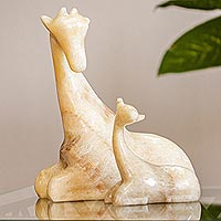 Marble sculptures, 'Giraffe Mother in Brown' (pair) - Brown Marble Giraffe Sculptures from Mexico (Pair)