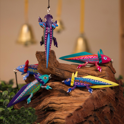 Wood alebrije ornaments, 'Colorful Axolotl' (set of 5) - Hand-Painted Wood Alebrije Axolotl Ornaments (Set of 5)