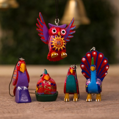 Wood alebrije ornaments, 'Magic Birds' (set of 5) - Hand-Painted Wood Alebrije Bird Ornaments (Set of 5)