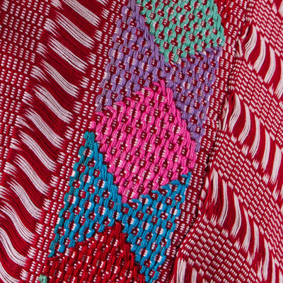 Cotton poncho, 'Afternoon Geometry' - Cerise and Eggshell Cotton Poncho Crafted in Mexico