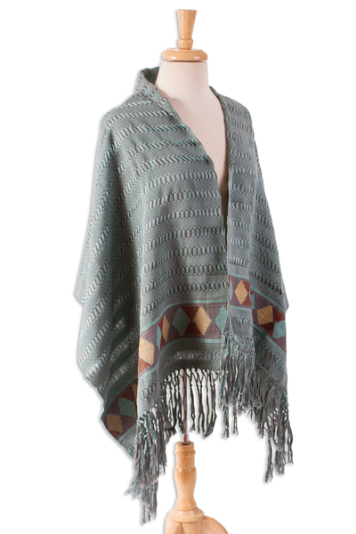 Cotton shawl, 'Path of Destiny' - Aqua and Stone Cotton Shawl Crafted in Mexico