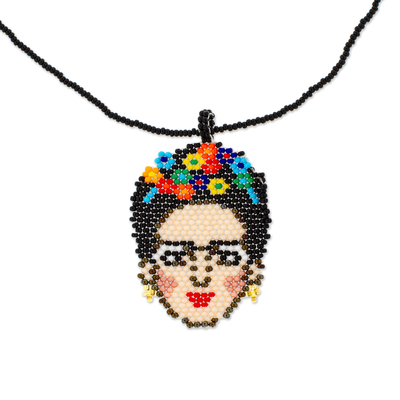 Frida-Themed Glass Beaded Pendant Necklace from Mexico
