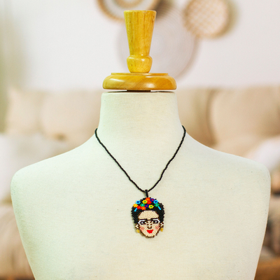 Glass beaded pendant necklace, 'Fantastic Frida' - Frida-Themed Glass Beaded Pendant Necklace from Mexico