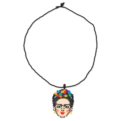 collar con colgante de cuentas de cristal - Collar con colgante de cuentas de vidrio con temática de Frida de México