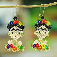 Glass beaded dangle earrings, 'Golden Frida'