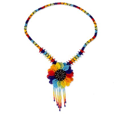Glass beaded pendant necklace, 'Sunflower Color' - Colorful Floral Glass Beaded Pendant Necklace from Mexico