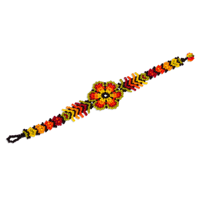 Glass beaded pendant bracelet, 'Verdant Fire' - Petite Glass Beaded Floral Pendant Bracelet from Mexico