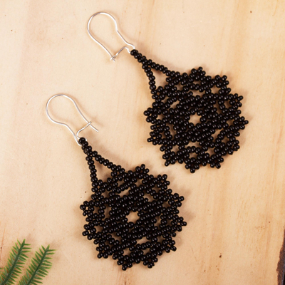 Glass beaded dangle earrings, 'Black Floral Medallionsl' - Black Floral Glass Beaded Dangle Earrings from Mexico