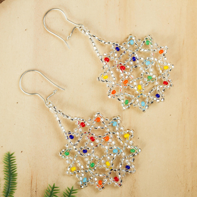 Glass beaded dangle earrings, 'Ethereal Flowers' - Clear and Colorful Floral Glass Beaded Dangle Earrings