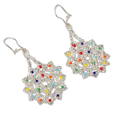 Glass beaded dangle earrings, 'Ethereal Flowers' - Clear and Colorful Floral Glass Beaded Dangle Earrings