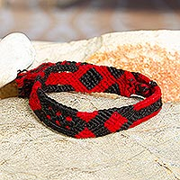 Cotton macrame wristband bracelets, 'Crimson Friendship' (set of 3) - Crimson and Ebony Cotton Wristband Bracelets (Set of 3)