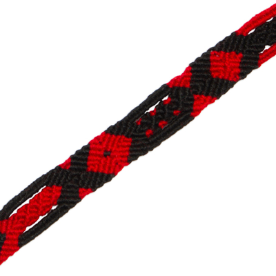 Cotton macrame wristband bracelet, 'Crimson Friendship' - Macrame Crimson and Ebony Cotton Wristband Bracelet
