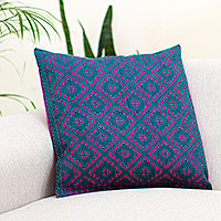 Cotton cushion cover, 'Geometric Metamorphosis' - Viridian and Magenta Cotton Cushion Cover from Mexico