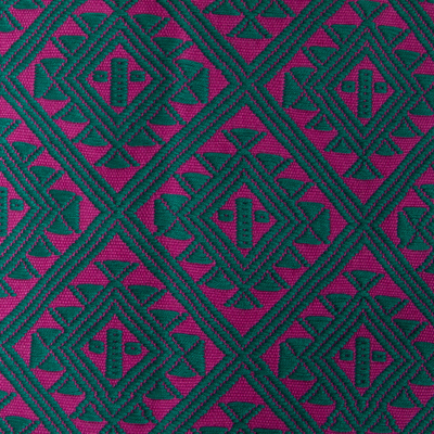 Cotton cushion cover, 'Geometric Metamorphosis' - Viridian and Magenta Cotton Cushion Cover from Mexico