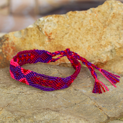 Cotton macrame wristband bracelet, 'Intriguing Geometry'  - Fuchsia and Purple Cotton Macrame Wristband Bracelet
