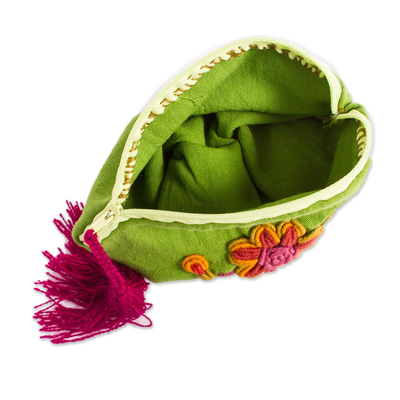 Cotton clutch, 'Entrancing Garden' - Floral Embroidered Cotton Clutch in Olive from Mexico