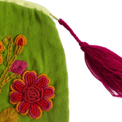 Cotton clutch, 'Entrancing Garden' - Floral Embroidered Cotton Clutch in Olive from Mexico