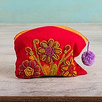 Cotton clutch, 'Crimson Garden' - Floral Embroidered Cotton Clutch in Crimson from Mexico