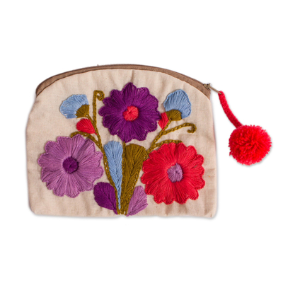 Floral Embroidered Cotton Clutch in Ivory from Mexico