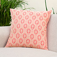 Cotton cushion cover, 'Geometric Mythology' - Ivory and Strawberry Cotton Cushion Cover from Mexico