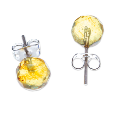 Amber stud earrings, 'Ancient Facets' - Faceted Amber Stud Earrings Crafted in Mexico