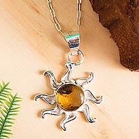 Amber pendant necklace, 'Ancient Sun' - Sun-Themed Amber Pendant Necklace from Mexico