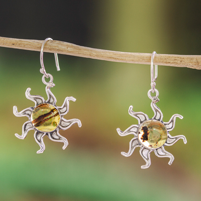 Amber dangle earrings, 'Ancient Suns' - Sun-Themed Amber Dangle Earrings from Mexico